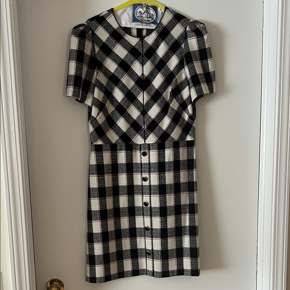 Shoshanna Plaid Checkered Mini Dress with Puff Shoulder and Enamel Buttons